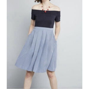 Modcloth Double the Lovely A-line Dress MED Blue Pleated Off Shoulder Retro